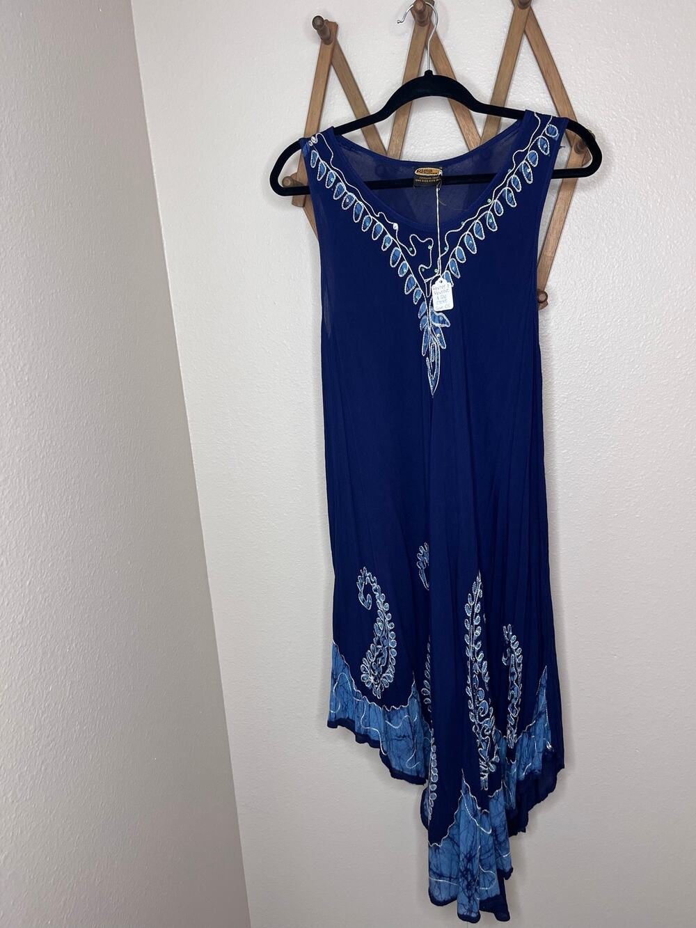 Vintage Blue Embroidered Hand Batik Asymmetrical Handkerchief Hem Dress OS